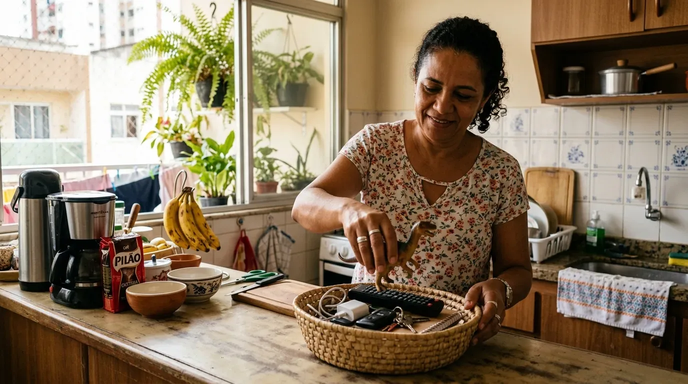 Uma mulher a organizar objetos dispersos na bancada de madeira da cozinha. Ela coloca um dinossauro de brinquedo num cesto de palha que já contém telecomandos, chaves e carregadores, ao lado de uma máquina de café, uma embalagem de café "PILÃO", bananas penduradas e plantas na janela ao fundo.